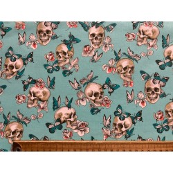 Tissu petit prix Halloween Cranes et papillons fond turquoise - Coton OekoTex