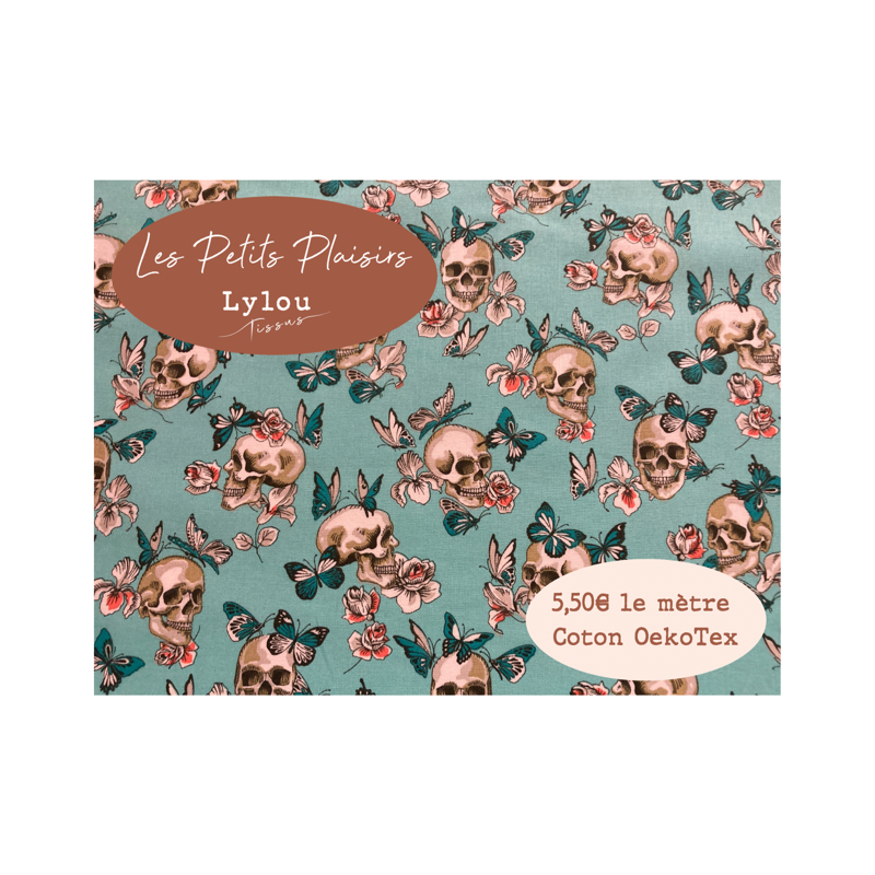 Tissu petit prix Halloween Cranes et papillons fond turquoise - Coton OekoTex