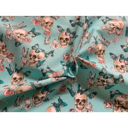 Tissu petit prix Halloween Cranes et papillons fond turquoise - Coton OekoTex