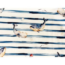 Tissu Popeline baleines et phares sur fond marinière Rayures bleues  - Coton OekoTex