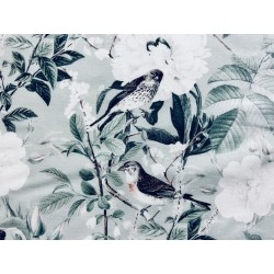 Tissu Moineaux et fleurs sur fond vert de gris - Coton Premium