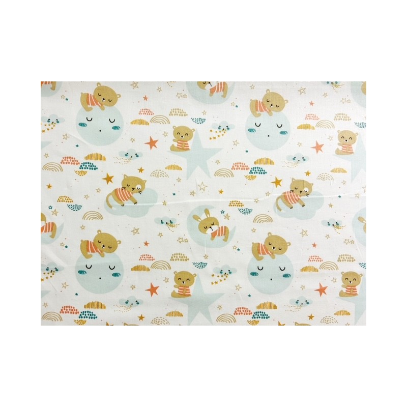 Tissu Nounours sur nuages Amiki sur fond blanc - Coton OekoTex