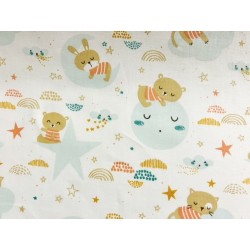 Tissu Nounours sur nuages Amiki sur fond blanc - Coton OekoTex