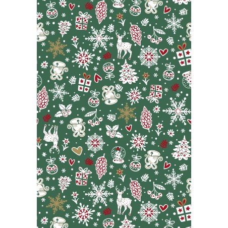 Tissu Noël Carillon fond vert - Coton OekoTex