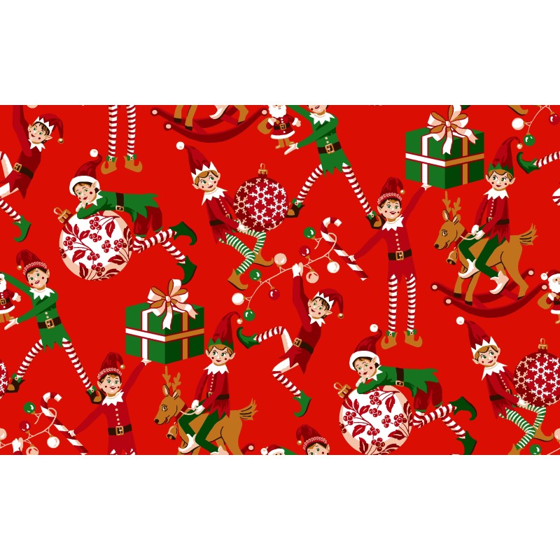 Tissu Noël Lutins farceurs fond rouge -Coton OekoTex