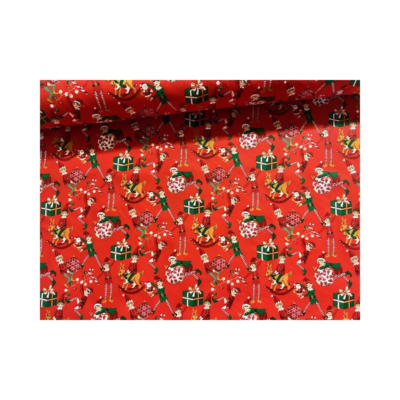 Tissu Noël Lutins farceurs fond rouge -Coton OekoTex