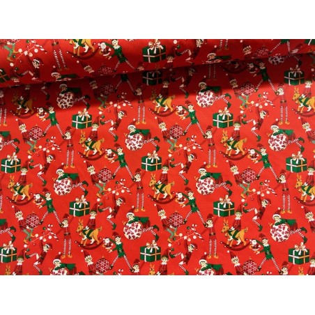 Tissu Noël Lutins farceurs fond rouge -Coton OekoTex