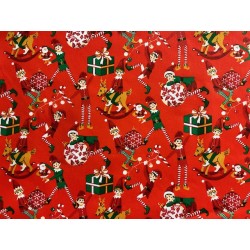 Tissu Noël Lutins farceurs fond rouge -Coton OekoTex