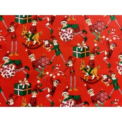 Tissu Noël Lutins farceurs fond rouge -Coton OekoTex