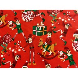 Tissu Noël Lutins farceurs fond rouge -Coton OekoTex