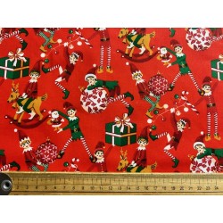 Tissu Noël Lutins farceurs fond rouge -Coton OekoTex