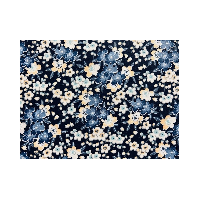 Japan addict : Tissu Chichi fleurs japonaises bleues fond marine - Coton OekoTex