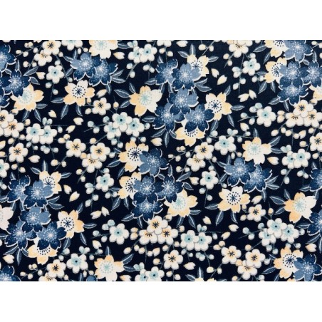 Japan addict : Tissu Chichi fleurs japonaises bleues fond marine - Coton OekoTex