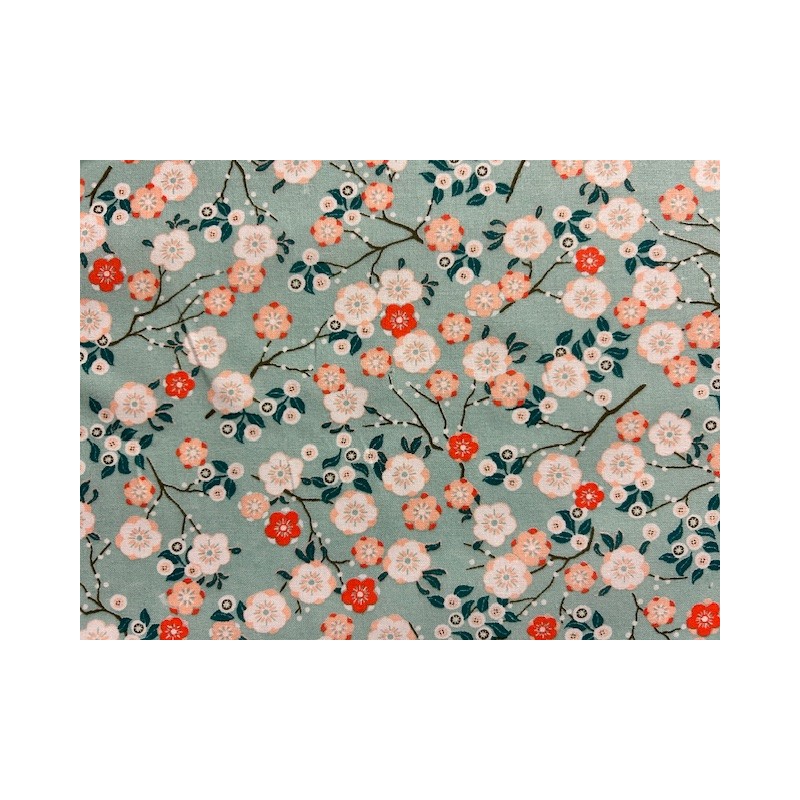 Japan addict : Tissu Hokkaïdo fleurs japonaises fond ciel - Coton OekoTex