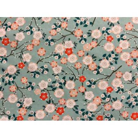 Japan addict : Tissu Hokkaïdo fleurs japonaises fond ciel - Coton OekoTex