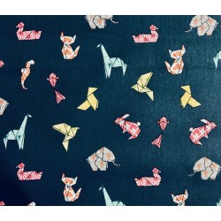 Tissu  Cocotte animaux en origami fond pétrole - Coton OekoTex