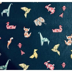 Tissu  Cocotte animaux en origami fond pétrole - Coton OekoTex