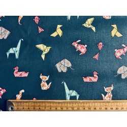 Tissu  Cocotte animaux en origami fond pétrole - Coton OekoTex