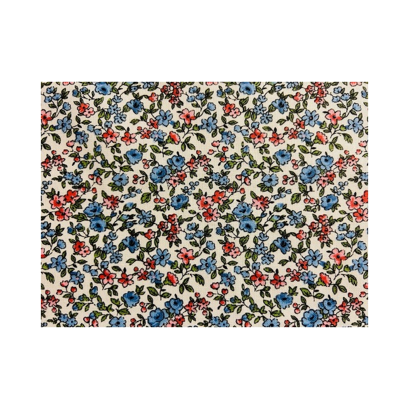 Tissu Léonie fleurs bleues et roses fond blanc - Coton OekoTex