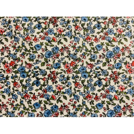 Tissu Léonie fleurs bleues et roses fond blanc - Coton OekoTex