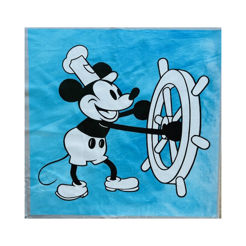 Carré velours : Mickey "Steamboat Willie" fond bleu