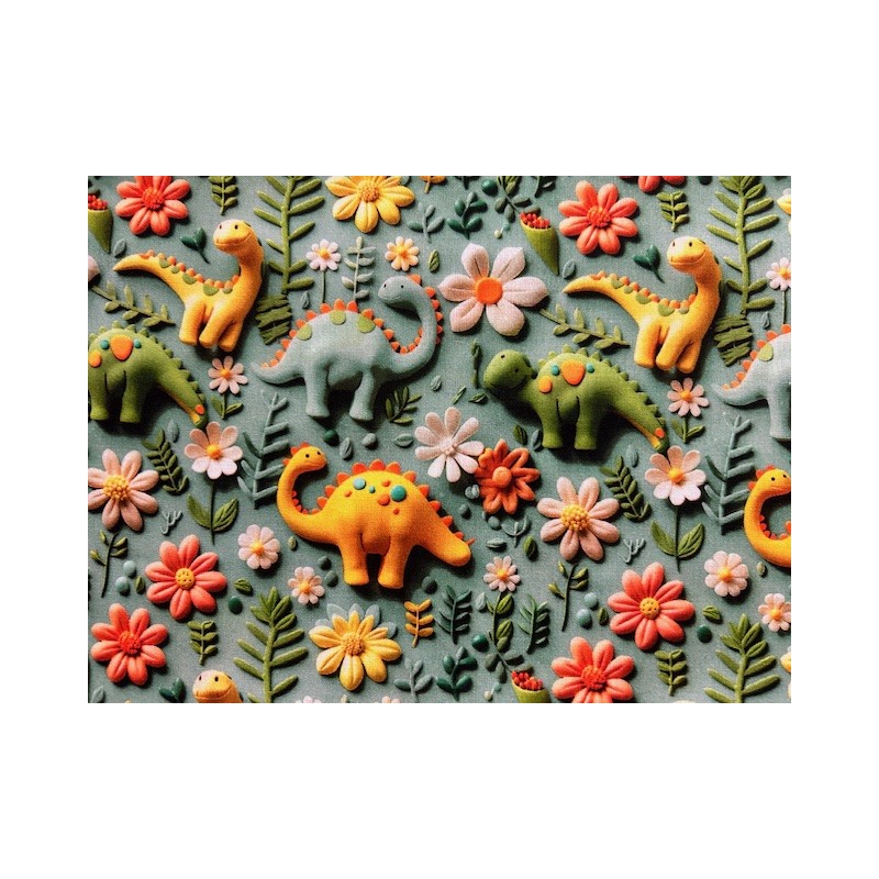 Tissu 3D Dino vert - Coton OekoTex