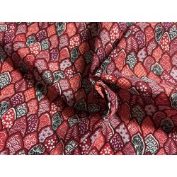 Tissu Matcha feuilles aux motifs japonisant fond rouge - Coton OekoTex