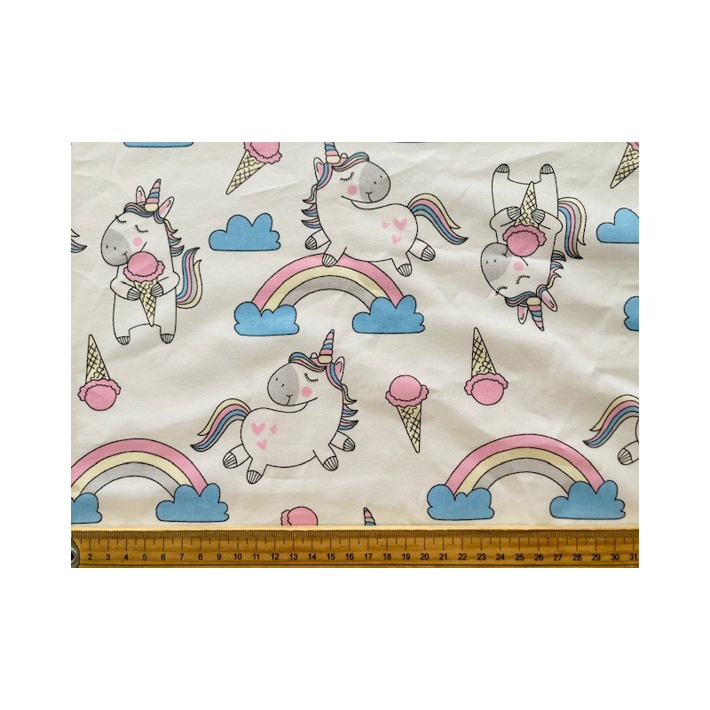 Tissu Licornes Arc En Ciel Et Glaces Sur Fond Blanc Coton Oekotex